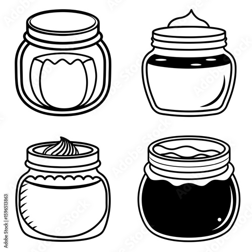Four outlined jars with different contents including jam and cream on a white background simple drawing