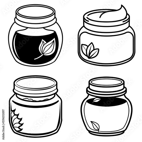 Illustration of four jars with lids containing different substances and leaf decorations on labels