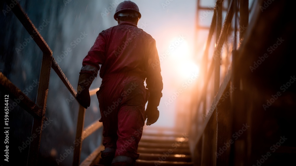 Fototapeta premium Oil worker crossing a scaffold bridge with occupational safety lighting