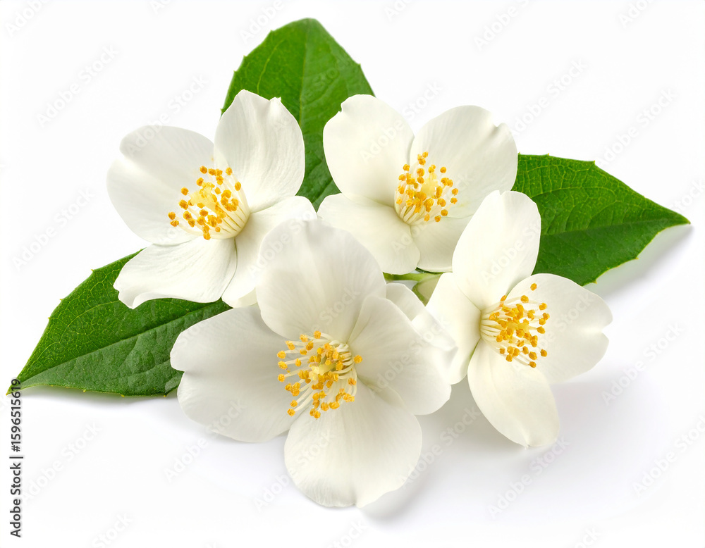 Obraz premium Beautiful white jasmine flowers with green leaves arranged on a white background
