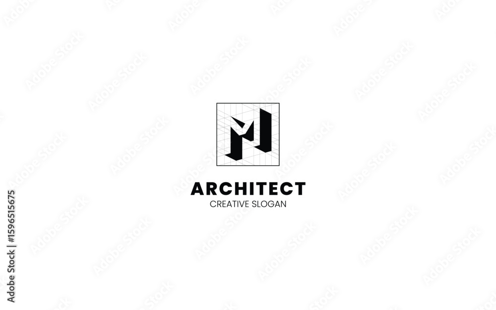 Obraz premium Letter M Architect logo with isometric bottom left view and technical sketch style