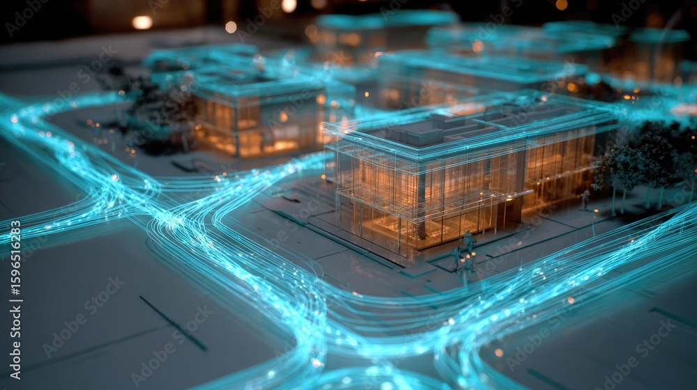 Fototapeta premium Digital city model, glowing network