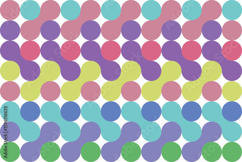Seamless colorful geometric dot pattern with rounded shapes in pastel tones. Ideal for textiles, wallpapers, wrapping paper, and digital backgrounds. Fun, modern, and visually pleasing composition.