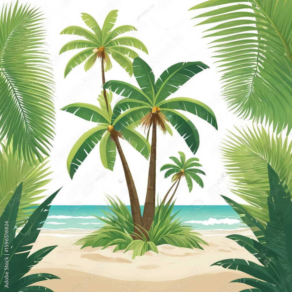 Fototapeta premium Illustration of a tropical beach scene with palm trees, sandy shore, turquoise ocean, and lush green foliage.