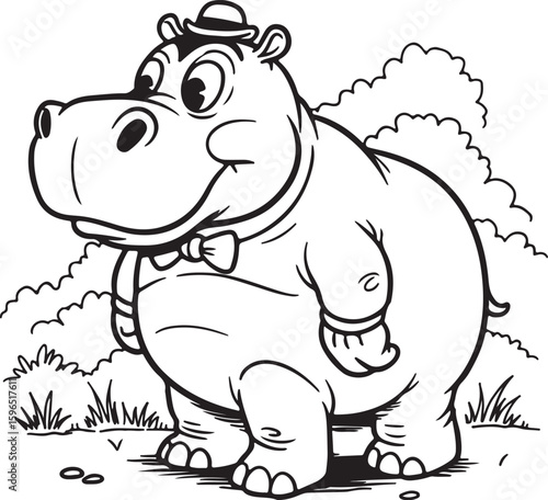 Cartoon hippo standing on two legs, big round nose, line drawing style, black and white illustration,