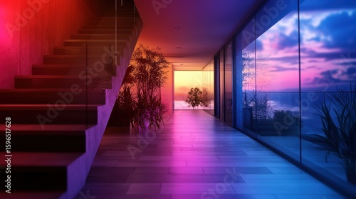 Modern colorful interior hallway with sunset views