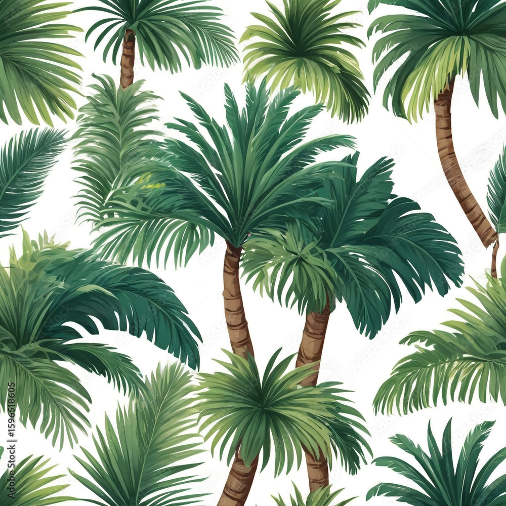 Fototapeta premium Seamless pattern featuring various green palm trees with detailed fronds and textured trunks against a white background.