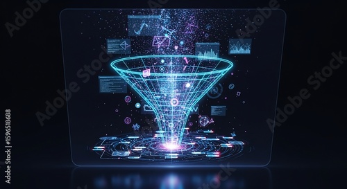 Futuristic Data Funnel: Holographic Display with Glowing Particles and Analytics