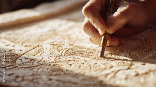 Detailed carving work on a light-colored surface.