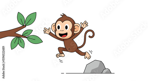 A cheerful monkey leaps from a tree branch to a rock in this fun illustration