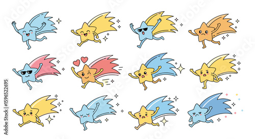 Cute kawaii style running shooting stars with happy expressions and sparkle effects