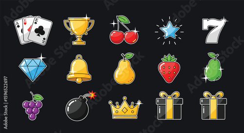Collection of pixel art casino slot machine symbols and icons for game design