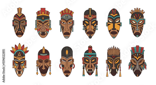 Collection of diverse ethnic tribal masks with intricate traditional designs and cultural significance