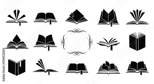 Collection of diverse open books and literary symbols representing knowledge and learning