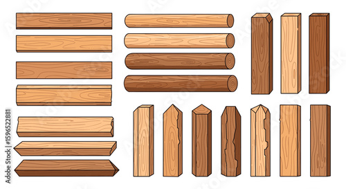 Collection of wooden dowel rods and pegs with various wood textures and grain patterns