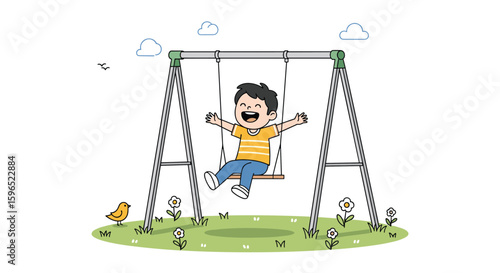 Joyful young boy enthusiastically swinging high on a park playground equipment enjoying outdoor recreational fun