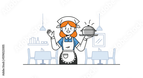A cheerful server presents a delicious meal on a silver platter in a cozy restaurant setting