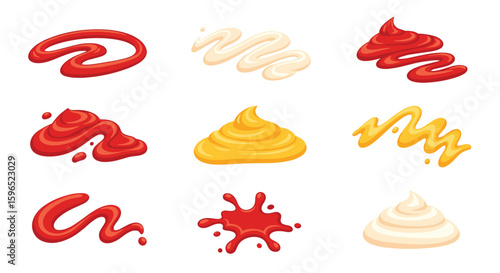 Collection of condiments sauces drizzled squirted splattered and piled high for culinary presentations