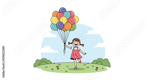 Joyful little girl dancing outdoors holding many colorful balloons towards sky on sunny day