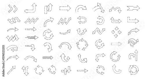 Collection of futuristic digital arrow icons with dot matrix style for user interface navigation