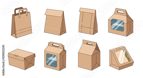 Various recycled paperboard food packaging containers collection for takeaway and delivery services