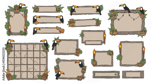 Jungle tropical ui elements with toucans and floral accents for game design
