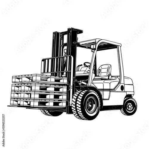 Black and White Forklift Carrying Pallets Illustration, Industrial Warehouse Equipment: Isolated Forklift Graphic,
Logistics and Transport: Heavy Lifting Machinery Icon.