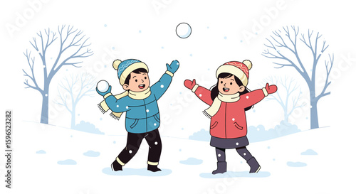 Joyful winter outdoor fun kids playing snowball fight among bare trees