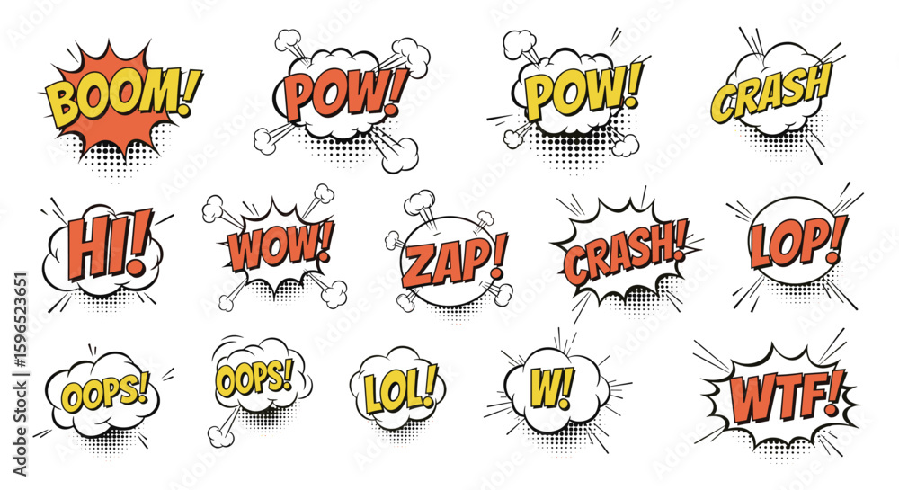 Vibrant comic book sound effect word bubbles for dynamic action sequences and energetic visual storytelling