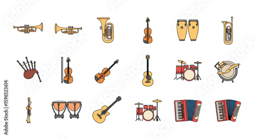 Collection of vintage musical instruments and music makers for creative projects