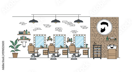 Modern barber shop interior design with multiple styling stations and chairs