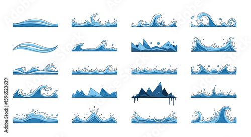 Collection of blue water waves and ripples artistic designs and elements