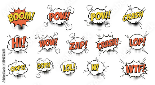 Vibrant comic book sound effect word bubbles for dynamic action sequences and energetic visual storytelling