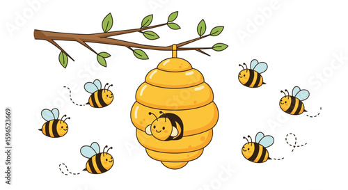 Cute little bees buzz around a yellow beehive hanging from a tree branch on a white background