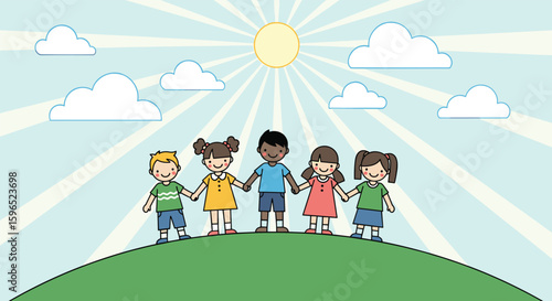 Diverse children holding hands standing together on a sunny hilltop celebrating unity and friendship