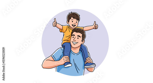 Joyful father carrying his happy son on his shoulders outdoors together