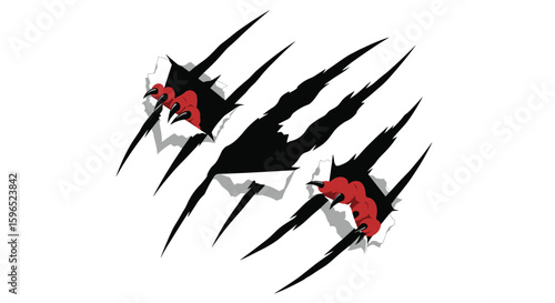 Aggressive sharp animal claw marks ripping through white surface with red underneath