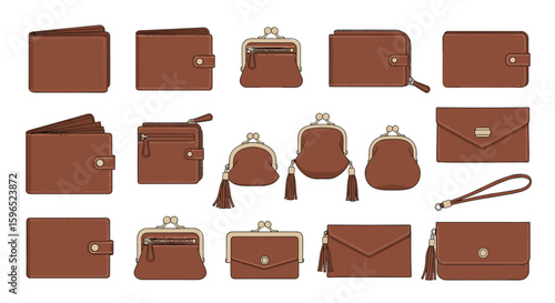 Collection of brown leather wallets and coin purses for men and women