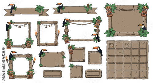 Jungle paradise tropical themed digital design elements with toucans and lush greenery