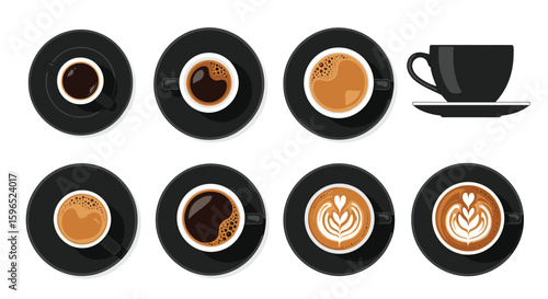 Collection of delicious coffee drinks served in black cups and saucers on a white background