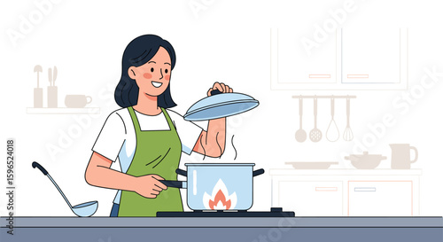 A woman chef is cooking delicious food in a cozy kitchen and smells great