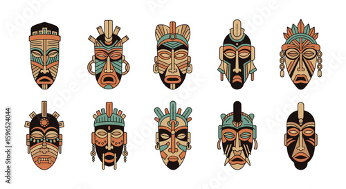 Collection of ten elaborate ethnic tribal masks with intricate designs