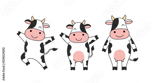 Three adorable cartoon cows dancing joyfully under the sunlight