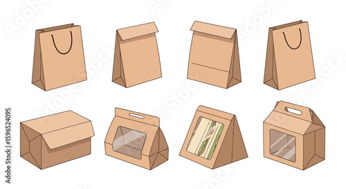 Collection of kraft paper packaging bags and boxes for food and goods