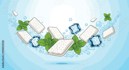 Refreshing mint gum with ice cubes and bubbles floating together on a blue background