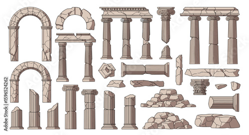 Ancient stone ruins architectural elements and fragmented columns for historical design projects