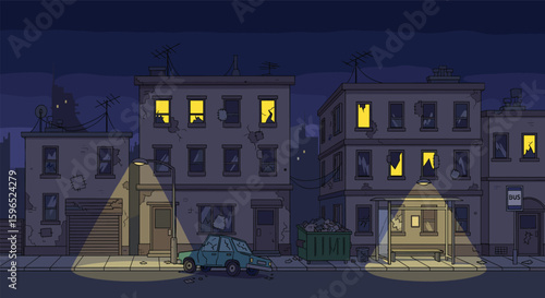 A dilapidated urban streetscape at night with glowing windows and a lone vehicle