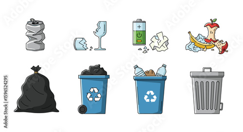 Collection of pixel art icons representing various types of waste and recycling bins for environmental awareness campaigns