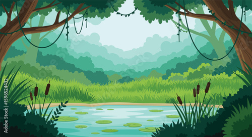 Lush tropical forest lagoon with lily pads and cattails under misty morning sky