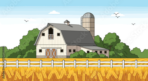 A picturesque rural barn scene surrounded by lush green trees and golden fields under a bright blue sky with flying birds